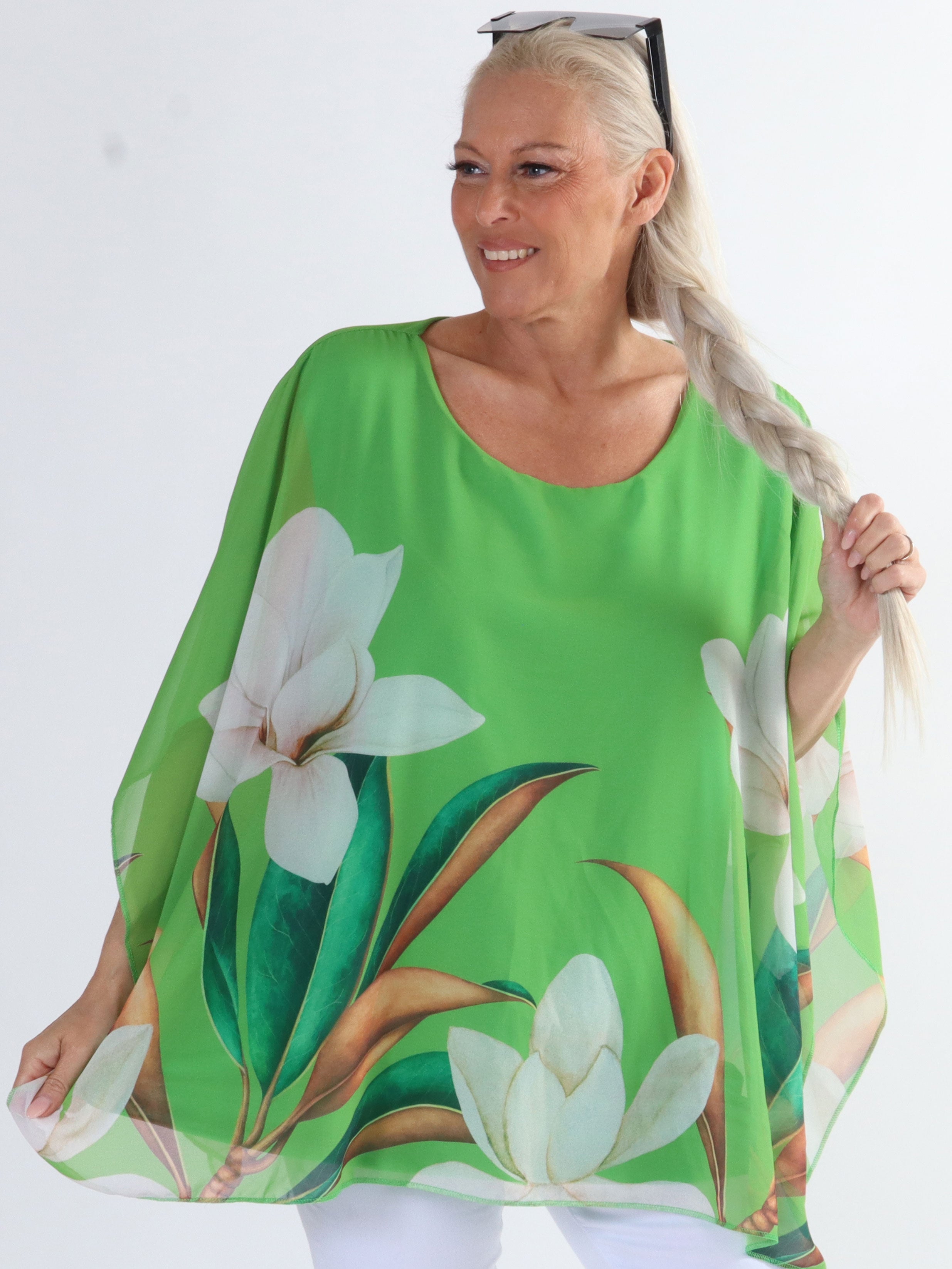 Mian - Farverig plus size tunika med chiffonlag